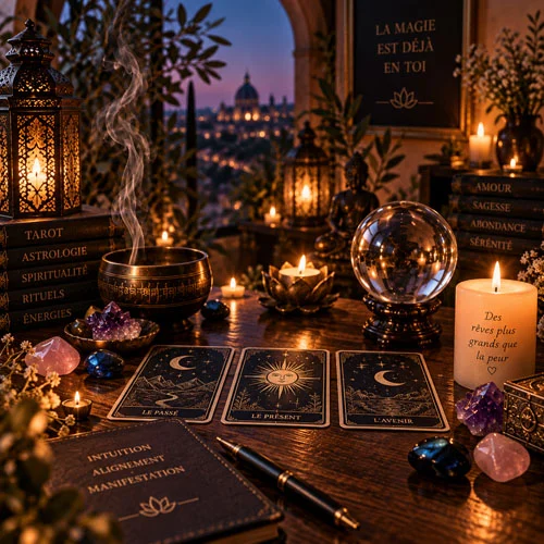 Cartes de voyance, cristal et lumière de bougie