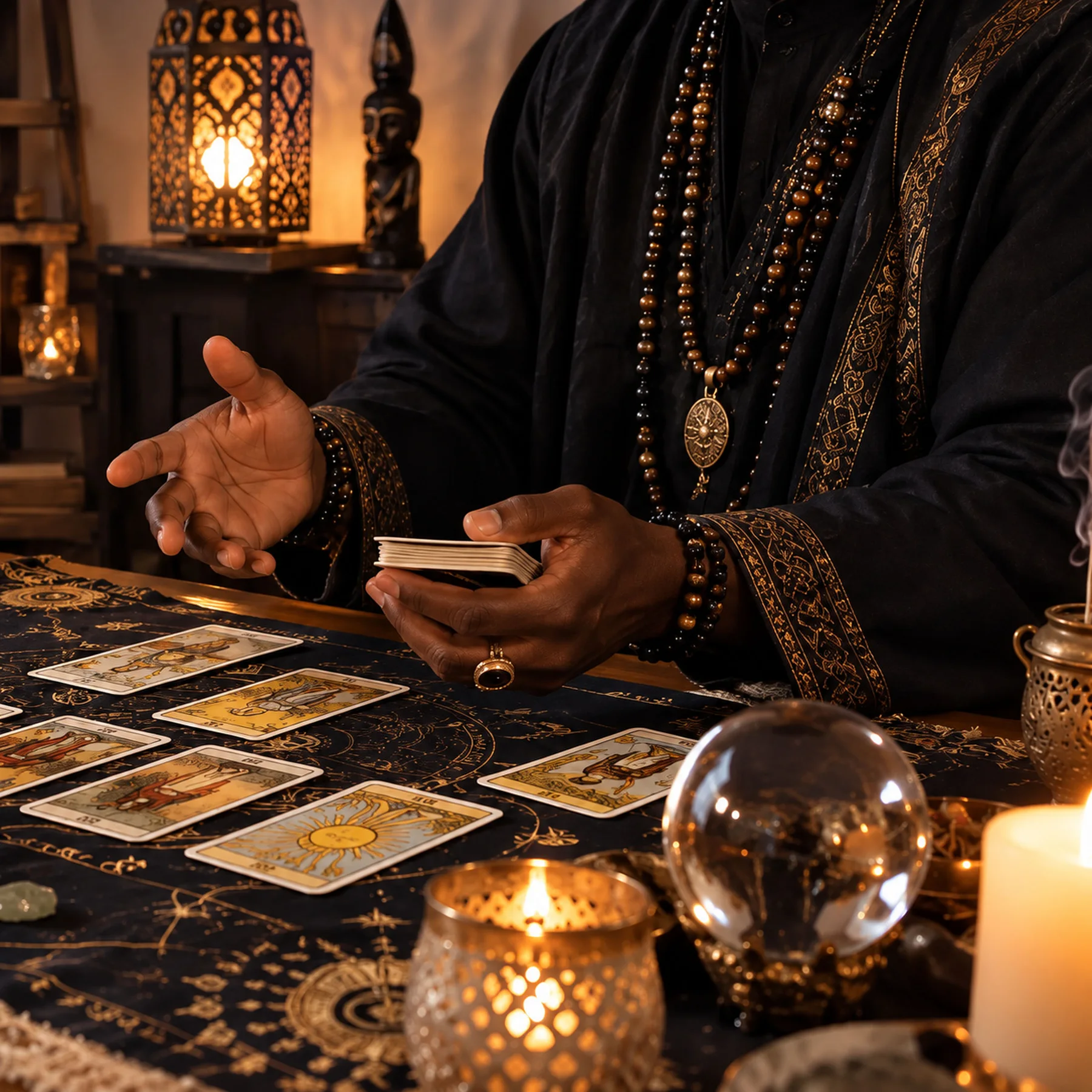 Consultation de voyance avec cartes, cristal et lumière de bougie